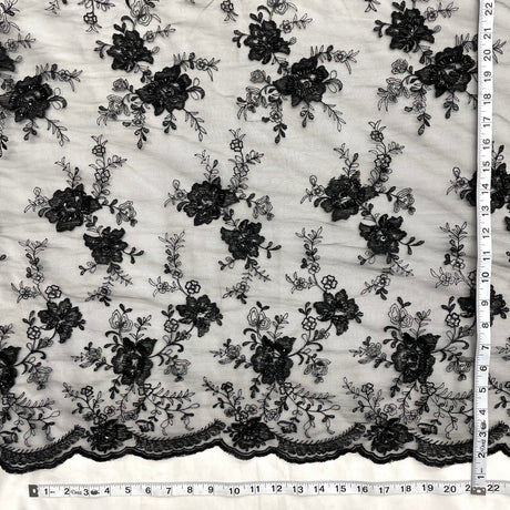 Beaded Lace Fabric Embroidered On 100 Percent Polyester Net Mesh - Black, 52" Width (1 Yard)
