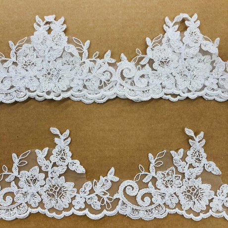 Beaded Corded Lace Trimming Polyester Fabric - Embroidered Net Mesh, 4" Width, 6 Color Schemes (1 Yard)