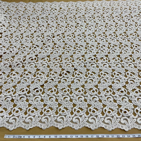 1 Yard Beaded Corded Bridal Lace Fabric Embroidered on 100 Percent Polyester Net Mesh 52 Inch Width