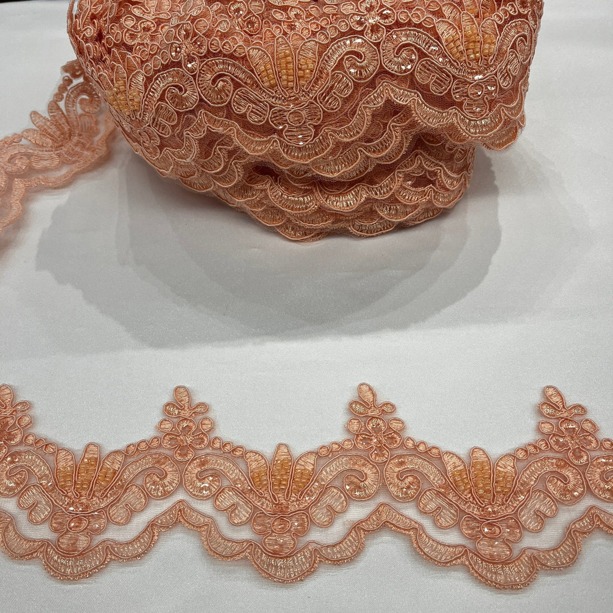 Beaded Corded Lace Trimming 100 Percent Polyester Net Mesh Fabric - Embroidered, 3" Wide, Multiple Colors (1 Yard)