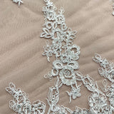 Beaded Corded Floral Bridal Lace Fabric - White, Scalloped Border, 54" Width (1 Yard)
