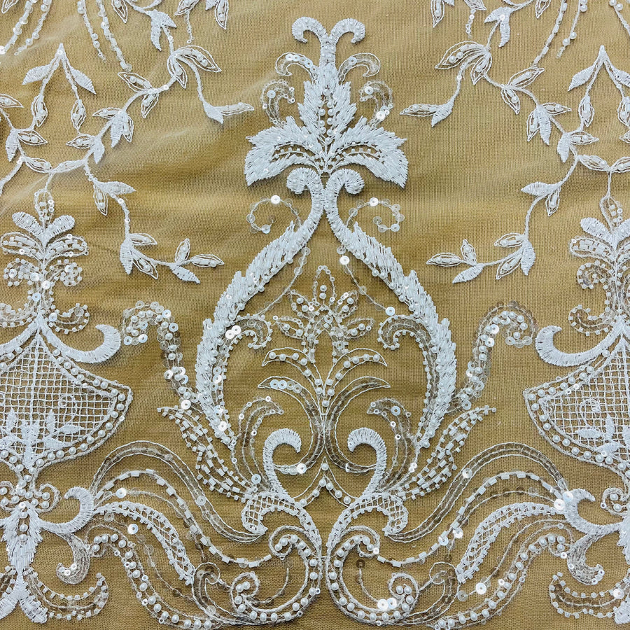 1 Yard Beaded Lace Fabric Embroidered on 100% Polyester Net Mesh Ivory
