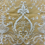1 Yard Beaded Lace Fabric Embroidered on 100% Polyester Net Mesh Ivory