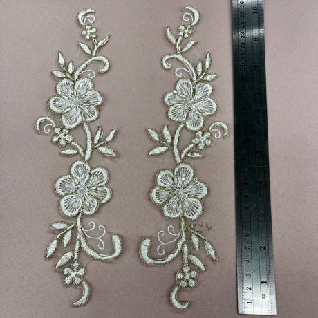 Beaded & Corded Lace Applique Embroidered On 100 Percent Polyester Organza Fabric - Ivory, White, Ivory/Gold, 10" X 2" (1 Pair)