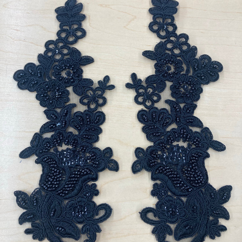1 Pair 10" x 3.5" Each Side Beaded & Corded Floral Lace Applique100% Polyester Net Mesh