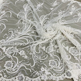 1 Yard Ivory Beaded and Corded Bridal Lace Fabric Embroidered on Polyester Net Mesh 52 Inch Width