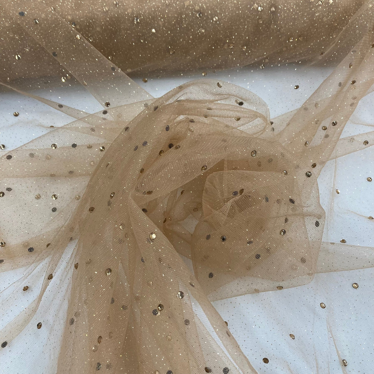 1 Yard Glitter Mesh Fabric with Scattered Rhinestones | 60" Wide | 2 Way Stretch Sparkle Mesh for Gowns, Bridal Wear & Costumes