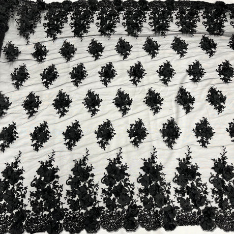 Beaded 3D Floral Lace Polyester Fabric - Black, Navy, Silver, 54" Width (1 Yard)