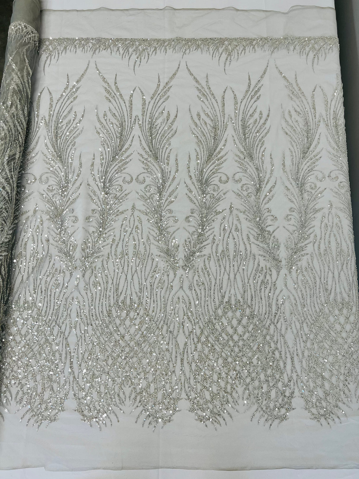 Wing Feather Damask Beaded Lace Fabric - Feather Damask, Beaded Mesh Lace, 50-54" Width (1 Yard)
