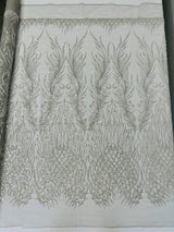 Wing Feather Damask Beaded Lace Fabric - Feather Damask, Beaded Mesh Lace, 50-54" Width (1 Yard)