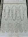 Wing Feather Damask Beaded Lace Fabric - Feather Damask, Beaded Mesh Lace, 50-54" Width (1 Yard)
