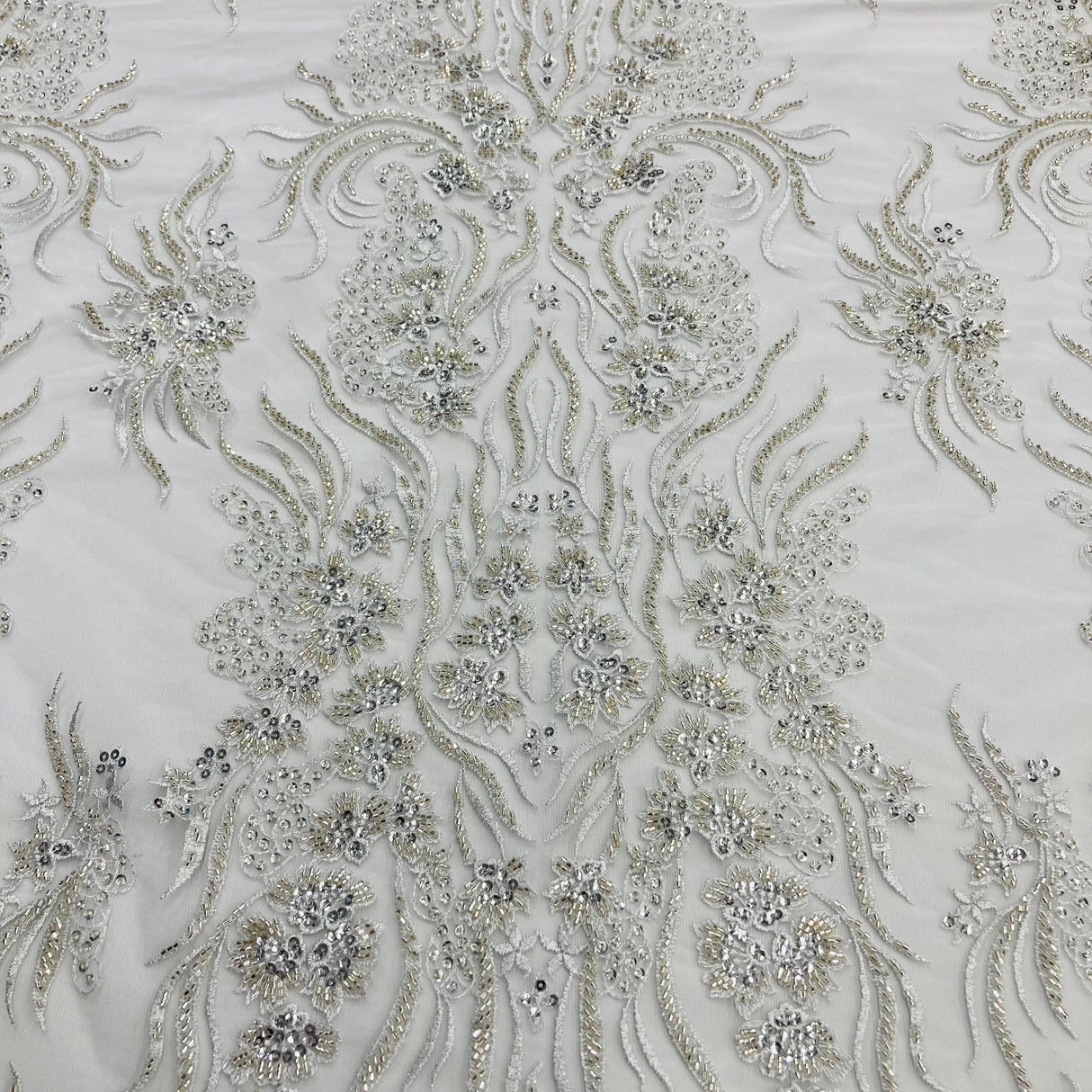 Beaded Lace Fabric on Polyester Net Mesh