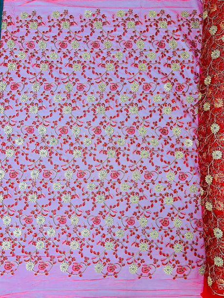 Daisy Multi Color Gold Metallic Floral Design Embroidered On A Red Mesh Lace Fabric - Red Mesh Lace, Gold Metallic Floral Design, 50" Width (1 Yard)