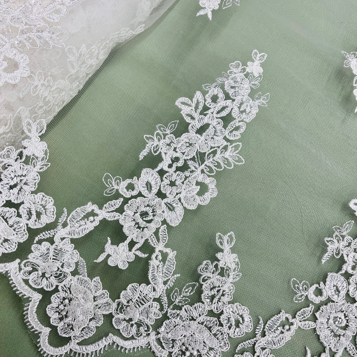 Beaded Corded Floral Bridal Lace Fabric - White, Scalloped Border, 54" Width (1 Yard)