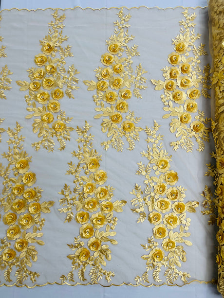 Rosa 3D Floral Design With Rhinestones Polyester Fabric - 3D Floral Embroidered Mesh Lace, 54" Width (1 Yard)