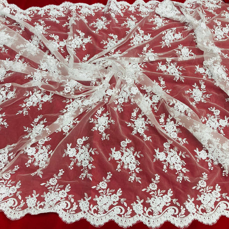 1 Yard - Corded Bridal Lace Fabric Embroidered on 100% Polyester Net Mesh - Ivory with Silver - 56"