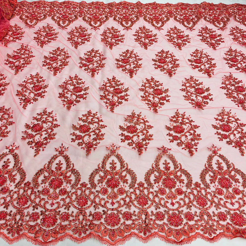 Beaded Corded Bridal Lace Polyester Fabric - Embroidered Net Mesh, Royal Blue, 53" Width (1 Yard)