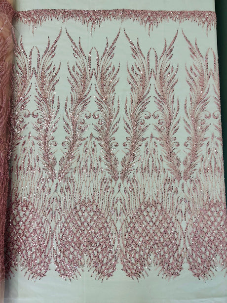 Wing Feather Damask Beaded Lace Fabric - Feather Damask, Beaded Mesh Lace, 50-54" Width (1 Yard)