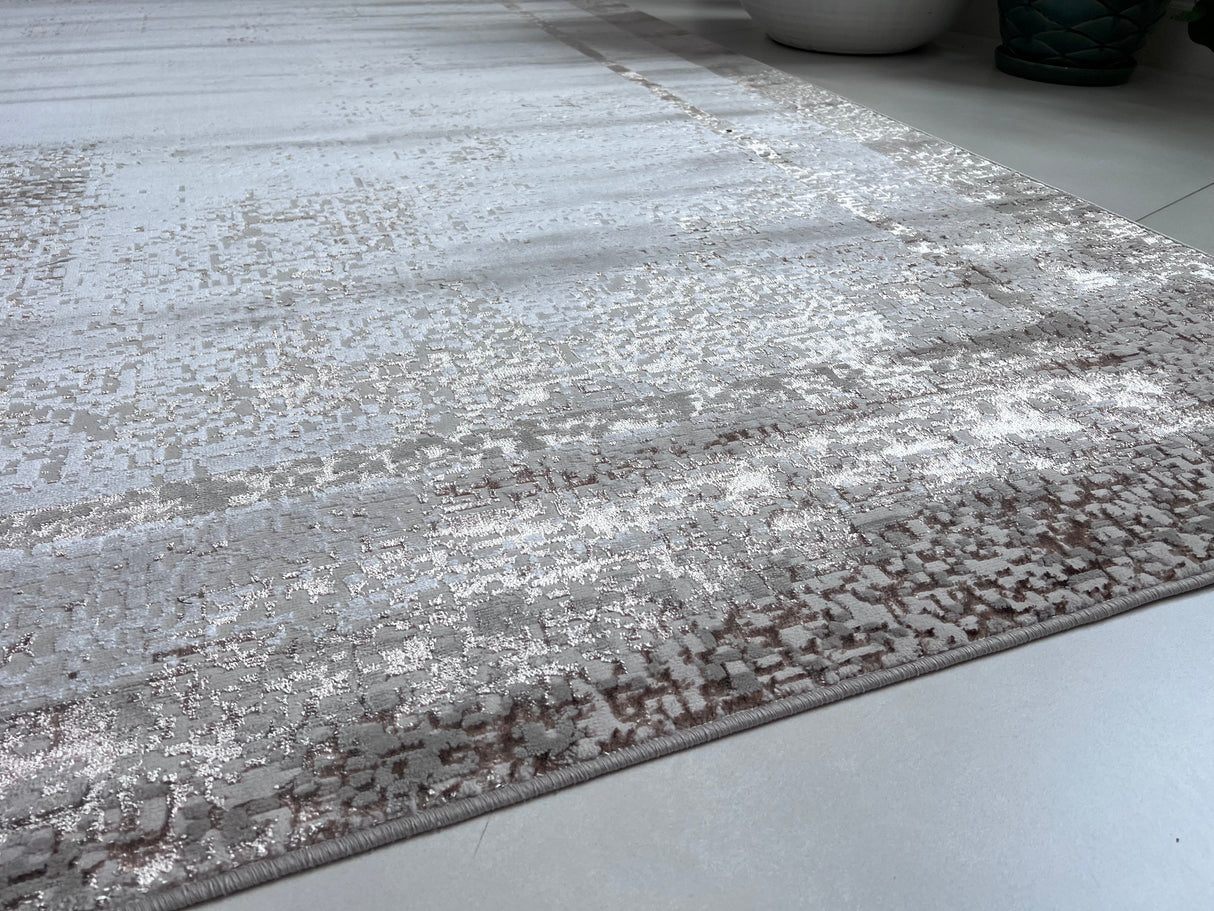 Maximus 245 Polypropylene Polyester Fabric - Silver With Gold Border Design, Color-Changing Flat Weave, 60% Polypropylene 40% Polyester, Power Loom, Made In Turkey (10' X 13')