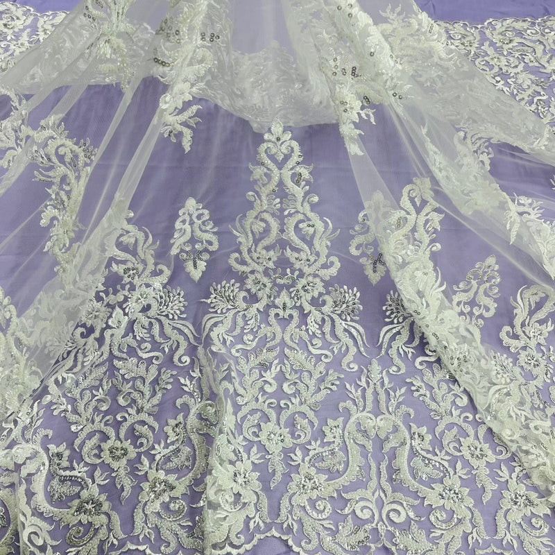 Beaded Sequined Lace Fabric Ivory