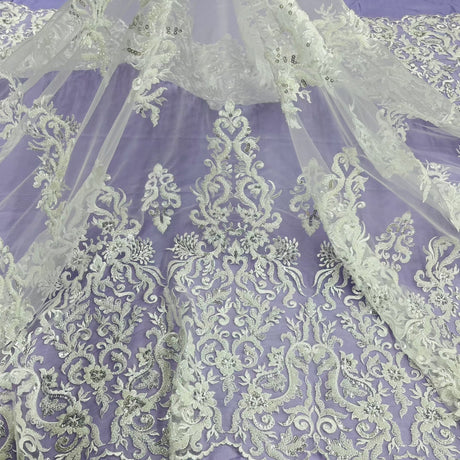 Beaded Sequined Lace Fabric Ivory