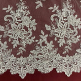 1 Yard Premium Beaded and Corded Bridal Lace Fabric Embroidered on 100% Polyester Net Mesh White