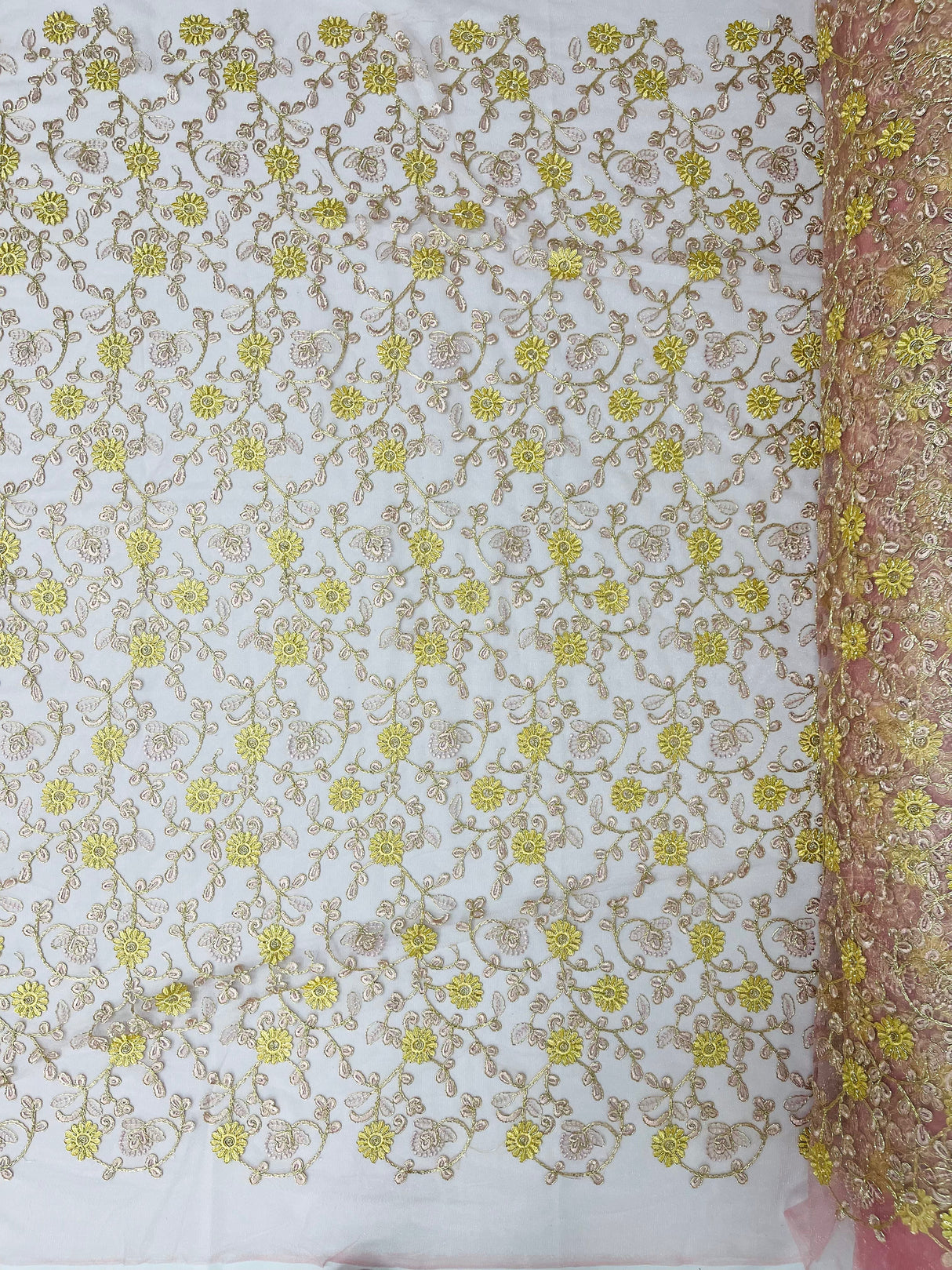 Daisy Multi Color Gold Metallic Floral Design Embroidered On A Red Mesh Lace Fabric - Red Mesh Lace, Gold Metallic Floral Design, 50" Width (1 Yard)