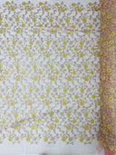 Daisy Multi Color Gold Metallic Floral Design Embroidered On A Red Mesh Lace Fabric - Red Mesh Lace, Gold Metallic Floral Design, 50" Width (1 Yard)