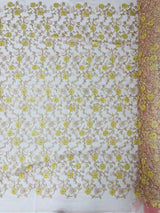 Daisy Multi Color Gold Metallic Floral Design Embroidered On A Red Mesh Lace Fabric - Red Mesh Lace, Gold Metallic Floral Design, 50" Width (1 Yard)