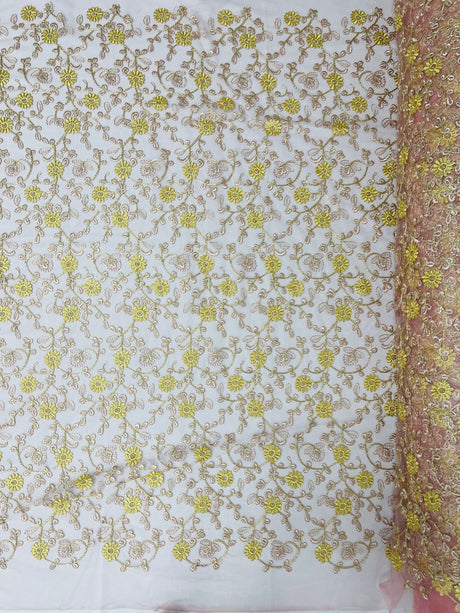 Daisy Multi Color Gold Metallic Floral Design Embroidered On A Red Mesh Lace Fabric - Red Mesh Lace, Gold Metallic Floral Design, 50" Width (1 Yard)