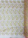 Daisy Multi Color Gold Metallic Floral Design Embroidered On A Red Mesh Lace Fabric - Red Mesh Lace, Gold Metallic Floral Design, 50" Width (1 Yard)