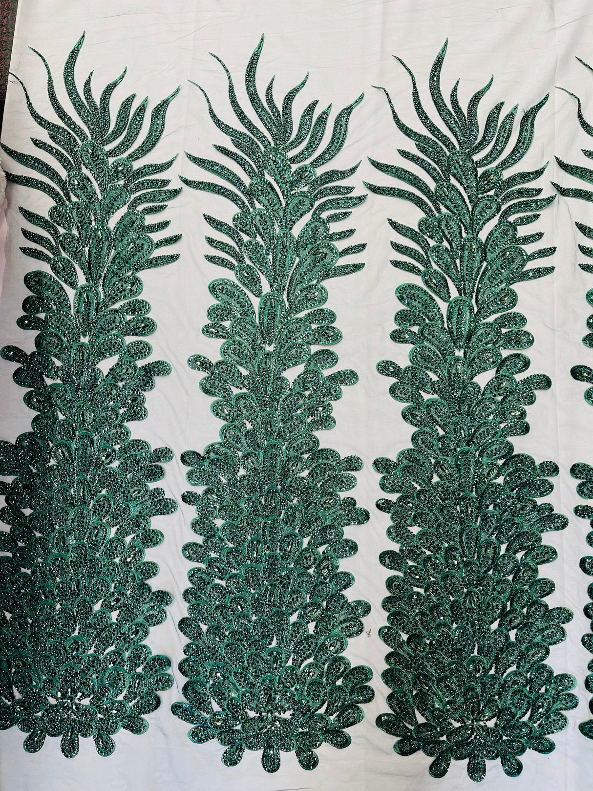 New Vegas Heavy Beaded Feather Design Embroidery Mesh Fabric - Beaded Feather Design, 11" Width, 50" Length (1 Panel)