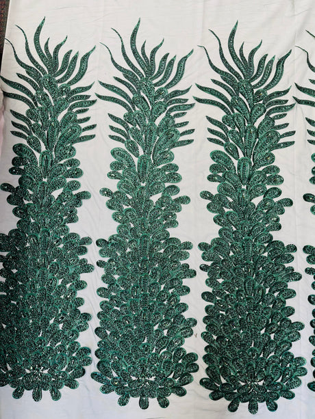 New Vegas Heavy Beaded Feather Design Embroidery Mesh Fabric - Beaded Feather Design, 11" Width, 50" Length (1 Panel)