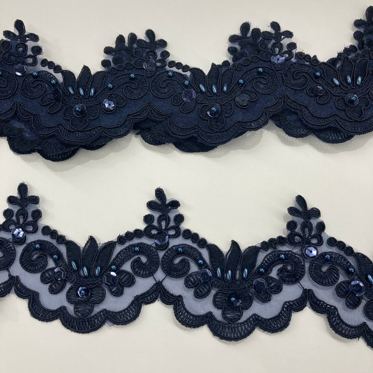 Beaded & Corded Lace Trimming Embroidered On 100% Polyester Organza Fabric - Aqua, 3" Width (1 Yard)