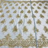 1 Yard Beaded and Corded Lace Fabric Embroidered on Polyester Net Mesh