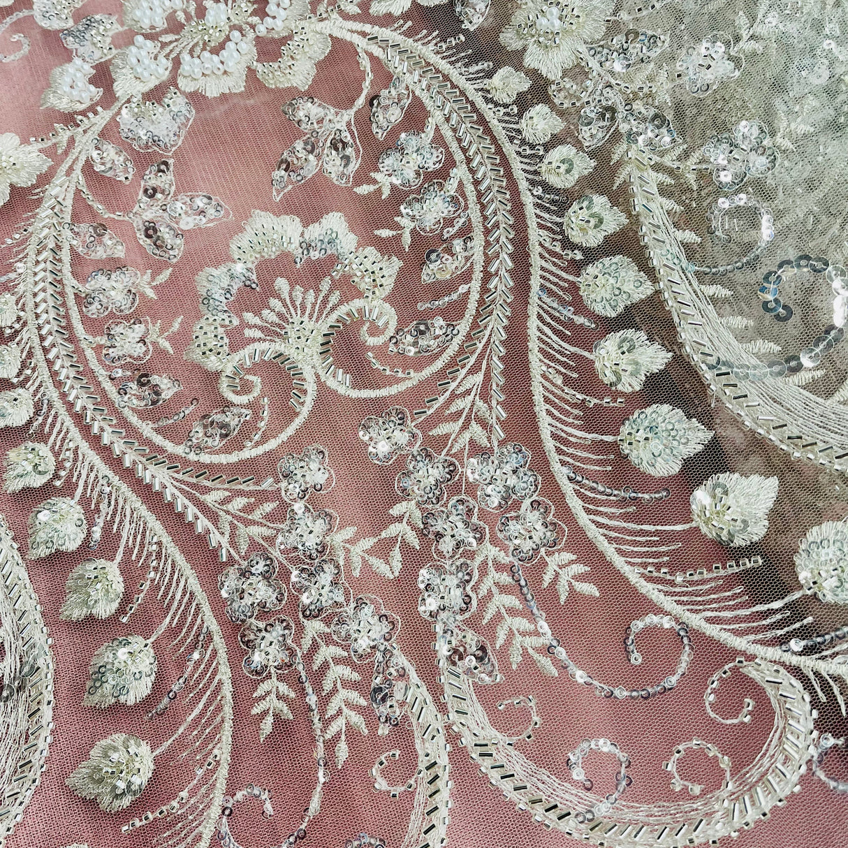 Beaded Lace Fabric Embroidered On 100 Percent Polyester Net Mesh - White, Ivory, Antique Silver, 51" Width (1 Yard)