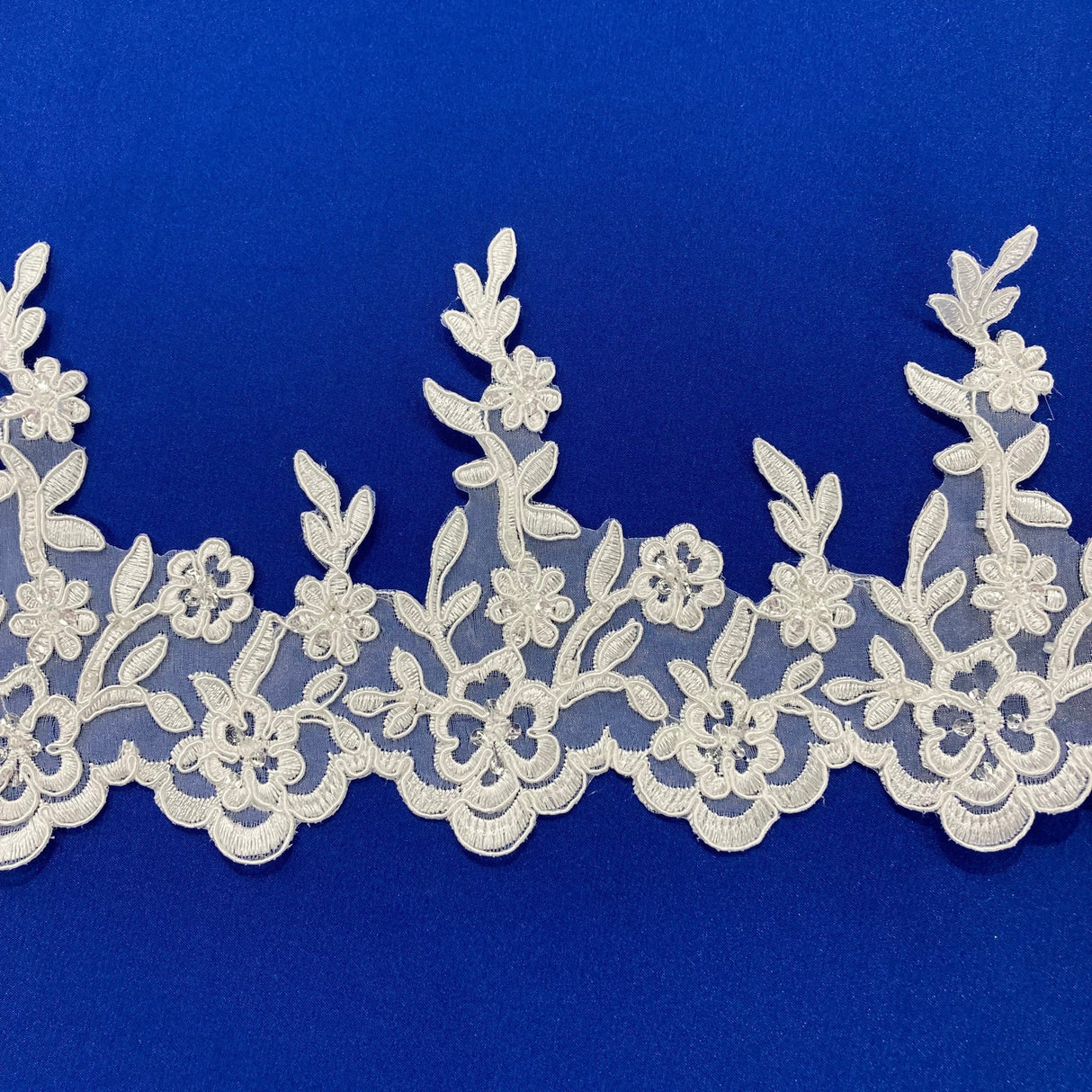 Beaded Corded Lace Trim on Polyester Mesh, 5.5"