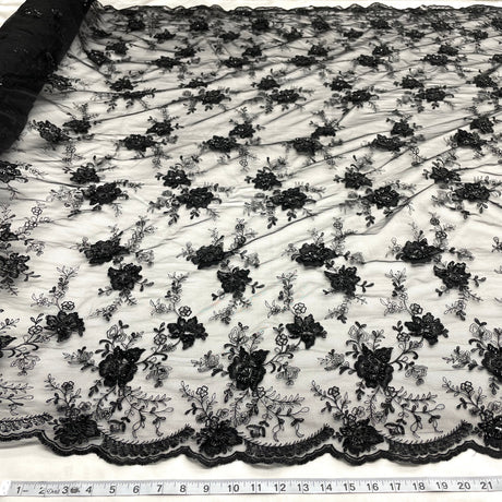 Beaded Lace Fabric on Polyester Net Mesh Black 53"