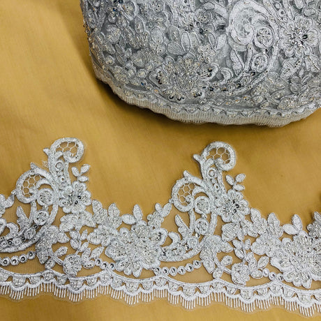 Beaded Corded Lace Trimming 100 Percent Polyester Net Mesh Fabric - Gold, Ivory, White, Silver, 6" Width (1 Yard)