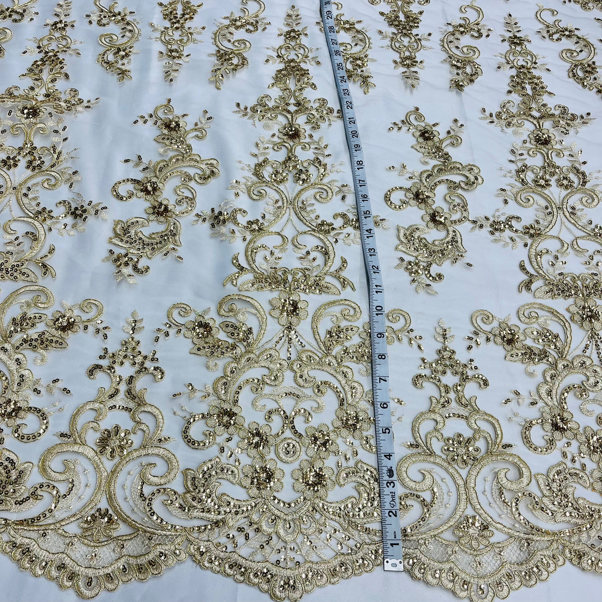 Beaded Corded Bridal Lace Fabric on Polyester Net Mesh
