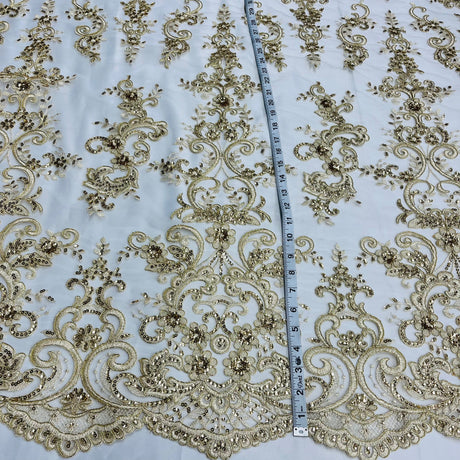 Beaded Corded Bridal Lace Fabric on Polyester Net Mesh