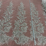 1 Yard Ivory Beaded Lace Fabric Embroidered on 100 Percent Polyester Net Mesh 52 Inch Width