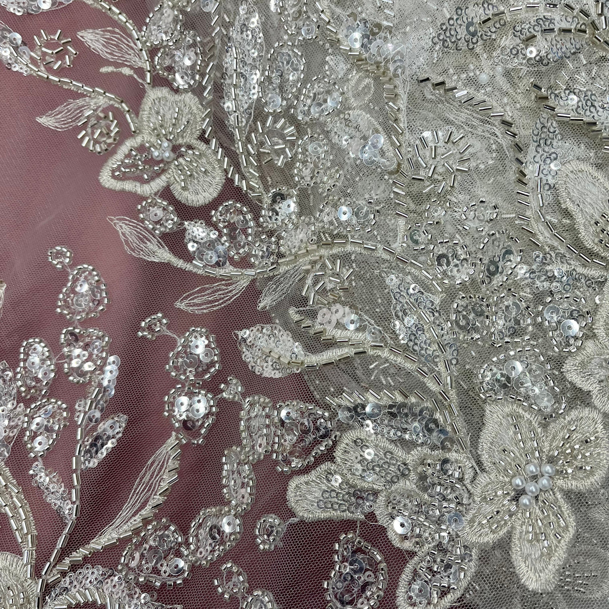 Beaded Lace Fabric on Polyester Net Mesh 54"