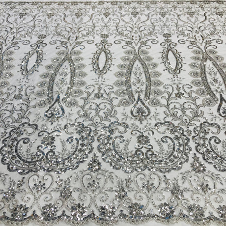 Beaded Lace Fabric Embroidered On 100 Percent Polyester Net Mesh - Gold, Silver, Ivory, White, 52" Width (1 Yard)
