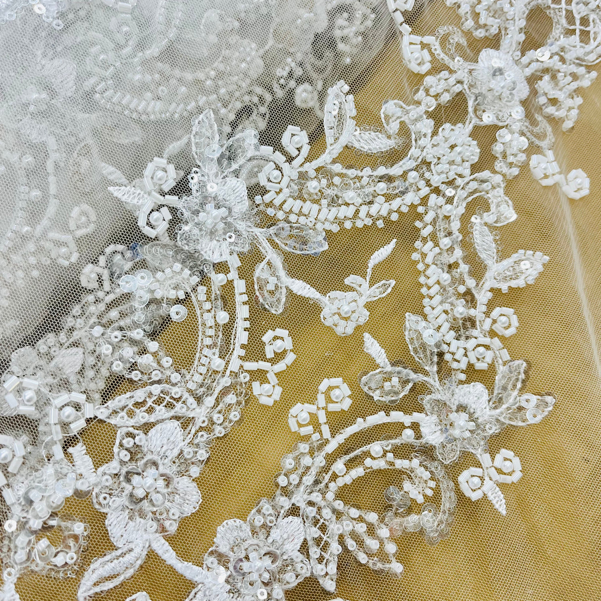 Beaded Lace Fabric Embroidered On 100 Percent Polyester Net Mesh Fabric - White, Ivory, Antique Silver, 52" Width (1 Yard)