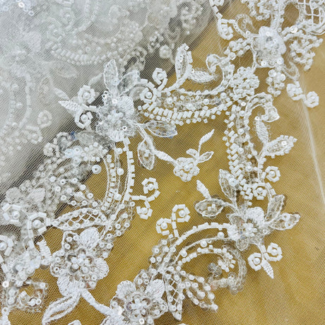 Beaded Lace Fabric Embroidered On 100 Percent Polyester Net Mesh Fabric - White, Ivory, Antique Silver, 52" Width (1 Yard)