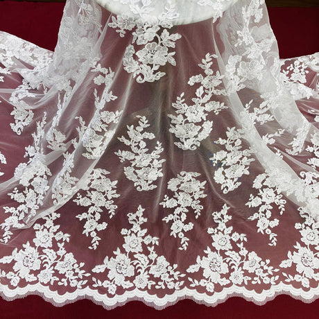 1 Yard Elegant Corded Embroidered Bridal Lace Fabric for Couture Gowns White