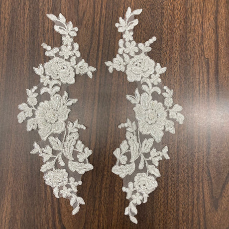 Beaded Corded Floral Lace Applique 100% Polyester Net Mesh 13" x 3"