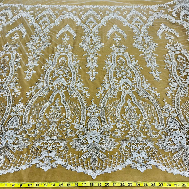 Beaded Lace Fabric Embroidered On 100 Percent Polyester Net Mesh Fabric - White, Ivory, Antique Silver, 52" Width (1 Yard)