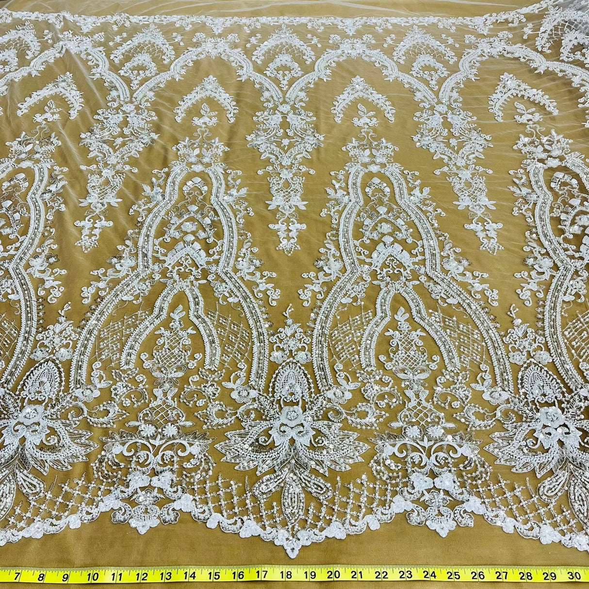 Beaded Lace Fabric Embroidered On 100 Percent Polyester Net Mesh Fabric - White, Ivory, Antique Silver, 52" Width (1 Yard)